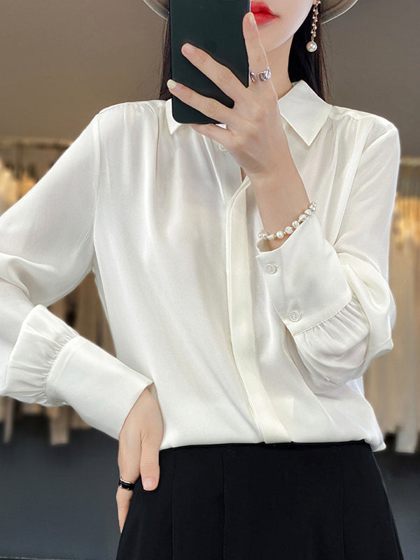 Buttoned Pleated Solid Color Long Sleeves Loose Lapel Blouses&Shirts Tops