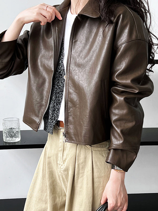 Solid Color Zipper Long Sleeves Loose Lapel Collar Outerwear Jackets&Coats