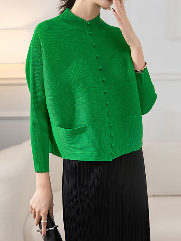 Buttoned Pleated Pockets Solid Color Long Sleeves Loose Round-Neck Outerwear