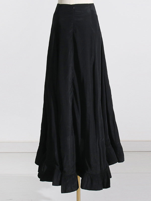 Pleated Ruffled Solid Color High Waisted High-Low Mock Neck Two Pieces Set