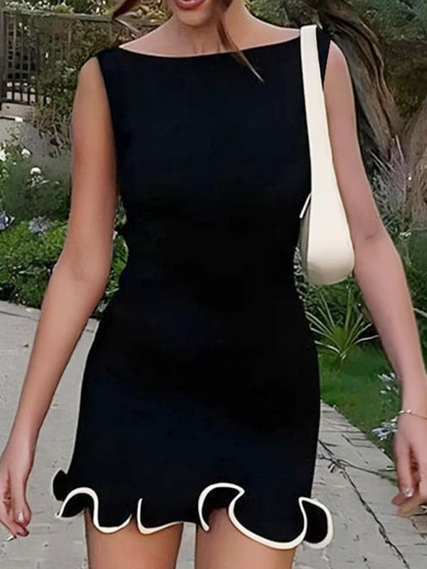 Ruffle Trim Solid Color High Waisted Sleeveless Round-Neck Mini Dresses