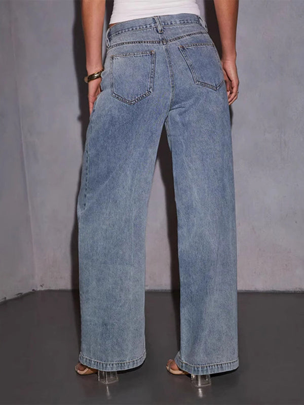 Pleated Split-Joint Loose Wide Leg Jean Pants Bottoms