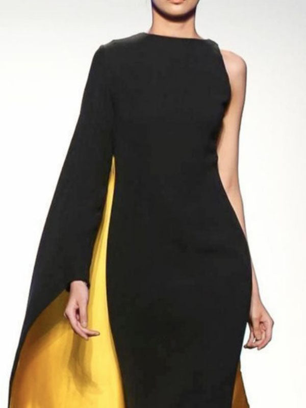 Asymmetric Contrast Color Irregularity Round-Neck Maxi Dresses