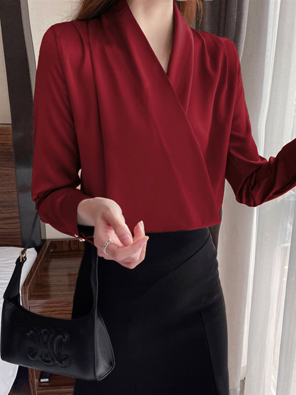 Buttoned Solid Color Long Sleeves Loose V-Neck Blouses&Shirts Tops