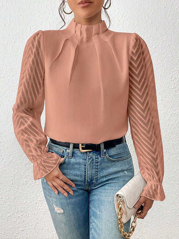 Elasticity Mesh Pleated Solid Color Long Sleeves Loose Mock Neck Blouses&Shirts Tops