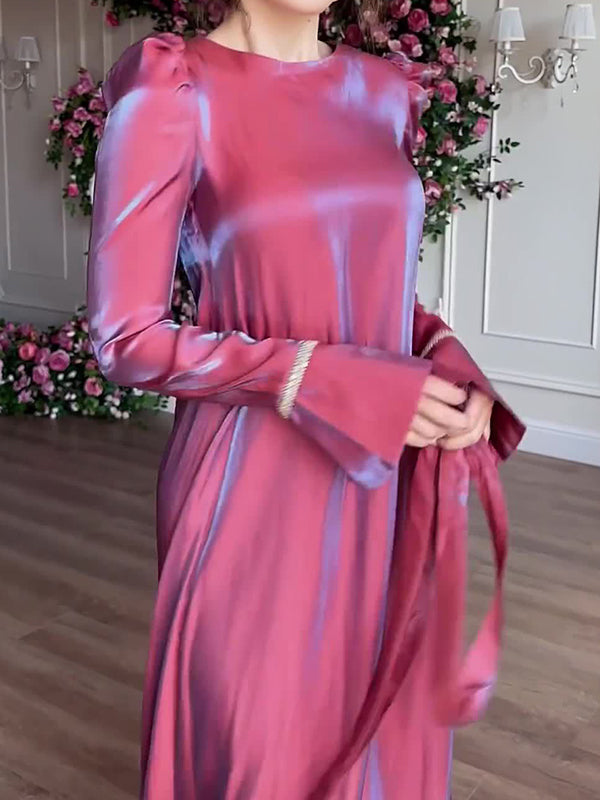 Pleated Solid Color Tied Waist Zipper A-Line Long Sleeves Round-Neck Maxi Dresses