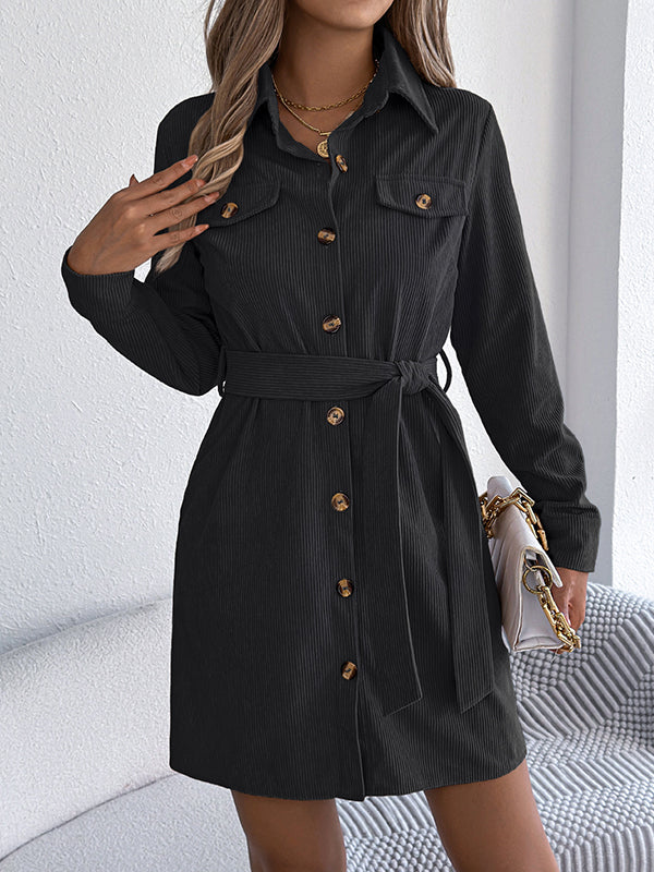 Belted Buttoned Single-Breasted Solid Color Elasticated Waist Long Sleeves Lapel Collar Shirt Dress Mini Dresses