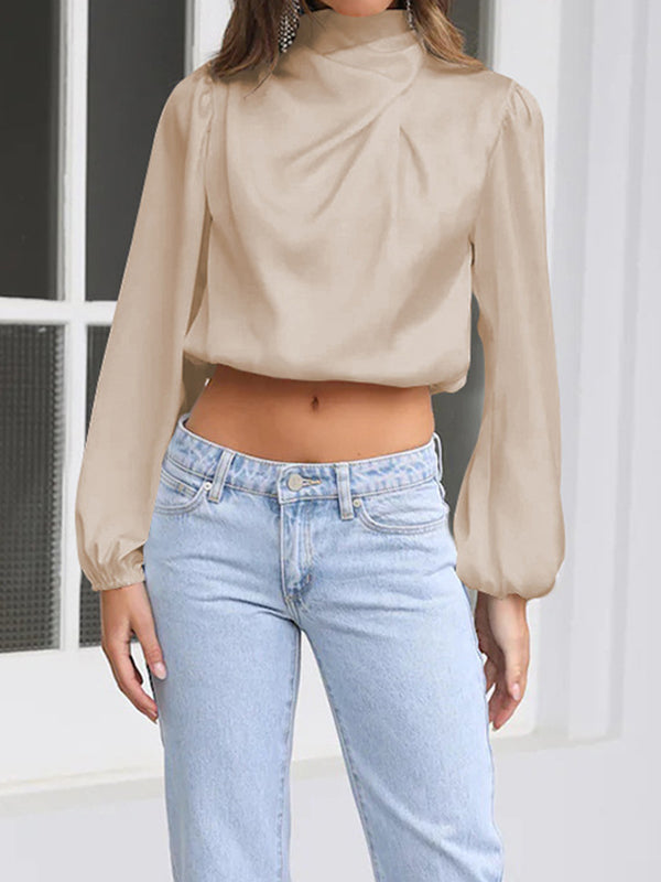 Elasticity Pleated Solid Color Long Sleeves Loose Mock Neck T-Shirts Tops