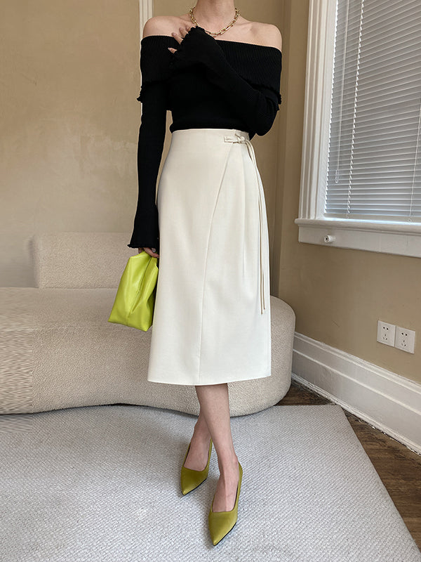 Falbala Solid Color Long Sleeves Skinny Off-the-shoulder Sweater Tops