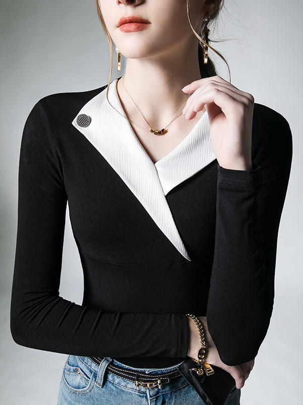 Asymmetric Buttoned Long Sleeves Skinny V-Neck T-Shirts Tops