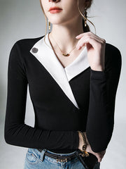 Asymmetric Buttoned Long Sleeves Skinny V-Neck T-Shirts Tops