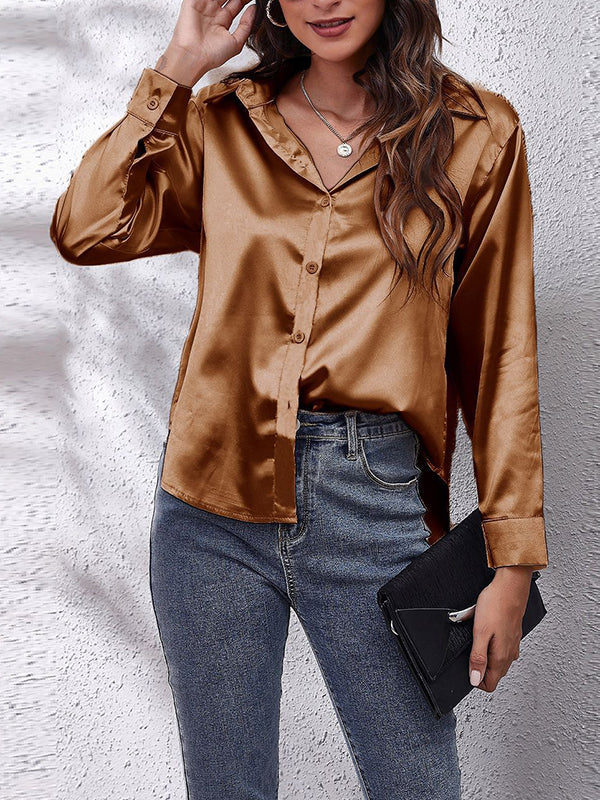 Solid Color Long Sleeves Loose Lapel Blouses