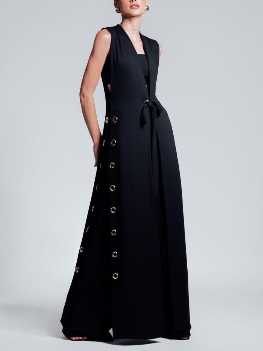 Hollow Solid Color Split-side Tied Loose Sleeveless Deep V-Neck Vest Outerwear