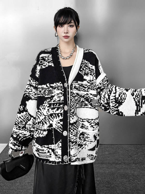 Abstract Printed Buttoned Contrast Color Pockets Split-Joint Long Sleeves Loose Collarless Outerwear Cardigan Tops