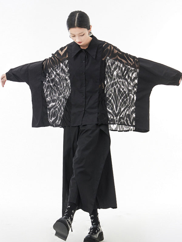 Urban See-Through Lace Split-Joint Lapel Blouse