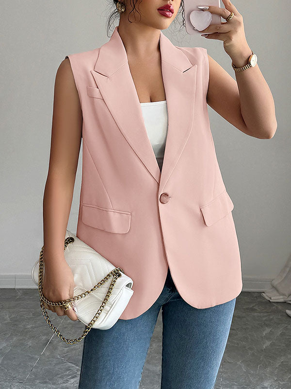 Buttoned Pockets Loose Sleeveless Notched Collar Vest Top Blazer