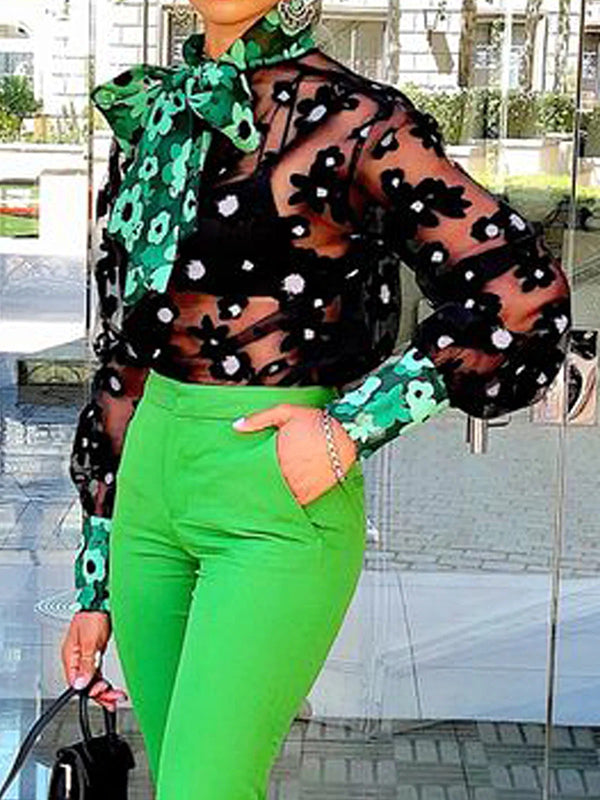 Floral Printed Jacquard See-Through Solid Color Loose Puff Sleeves High Neck Blouses