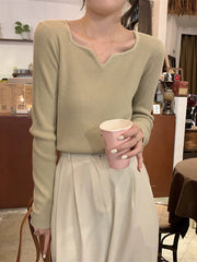 Colorful Solid Color Long Sleeves Skinny V-neck Sweater Tops Pullovers Knitwear