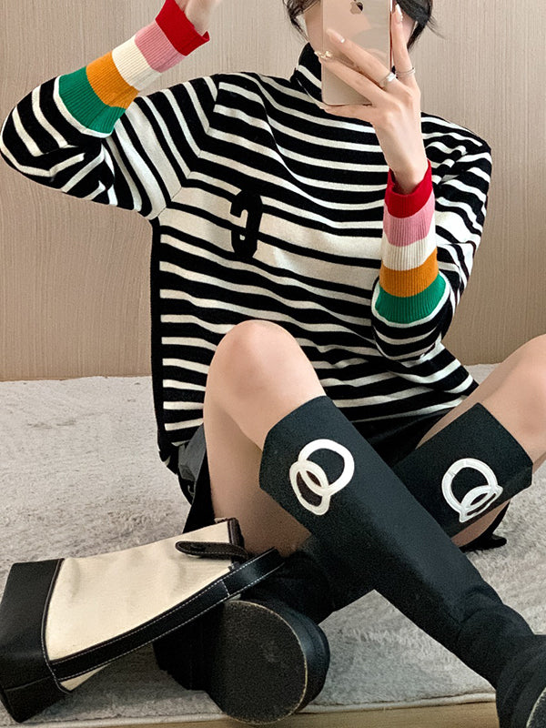 Contrast Color Knitted Letters Split-Joint Striped Long Sleeves Loose High Neck Sweater Tops Pullovers