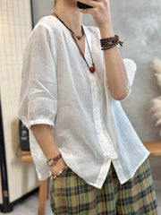 Solid Color Half Sleeves Loose V-neck Blouses&shirts Tops