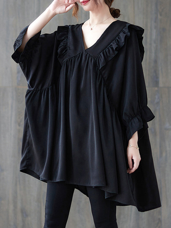 Ruffled Solid Color Loose Ruffle Sleeves Peter Pan Collar Blouses&Shirts Tops