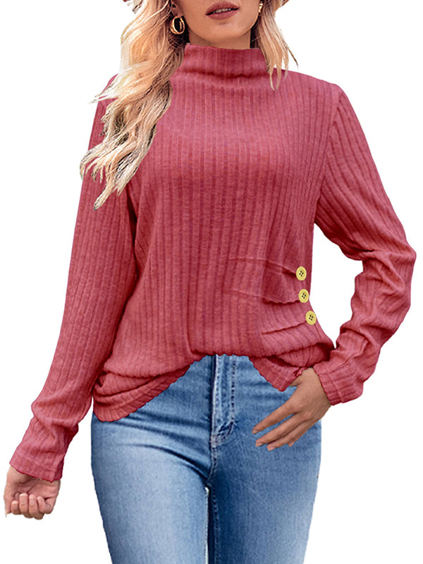 Buttoned Pleated Solid Color Long Sleeves Loose High Neck T-Shirts Tops