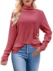 Buttoned Pleated Solid Color Long Sleeves Loose High Neck T-Shirts Tops
