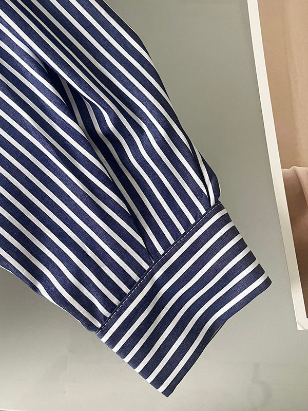 Striped Long Sleeves Loose Round-Neck Shirt Dress Midi Dresses