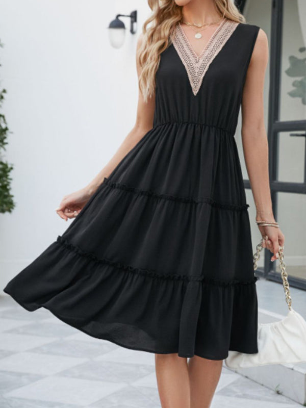 Elasticity Pleated Split-Joint A-Line High Waisted V-Neck Midi Dresses