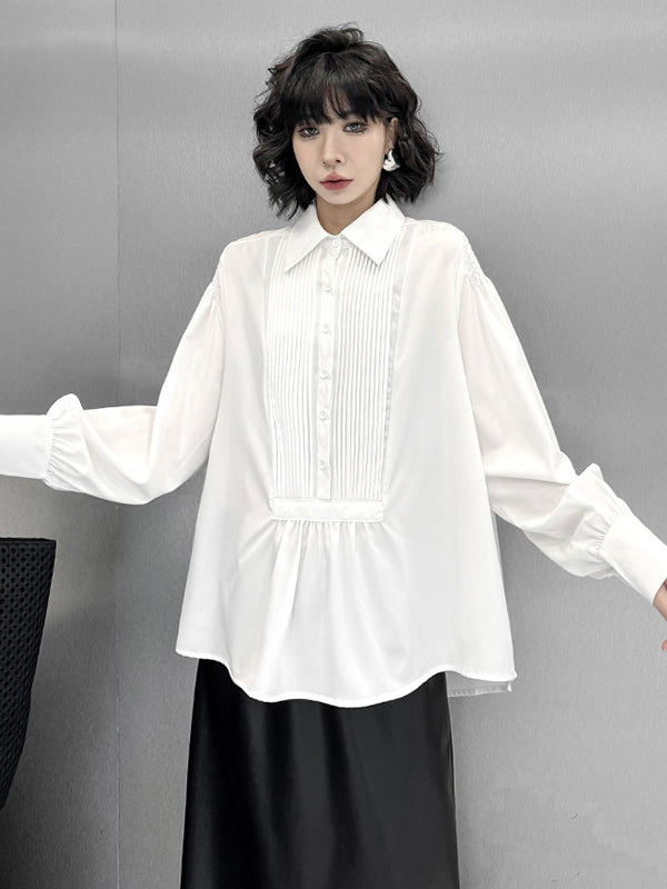 Buttoned Pleated Solid Color Long Sleeves Loose Polo Blouses&Shirts Tops