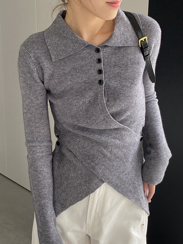 Asymmetric Buttoned Hollow Long Sleeves Skinny Lapel Sweater Pullovers Knitwear