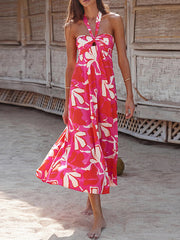 Hollow Printed Split-Joint A-line Loose Halter-Neck Midi Dresses