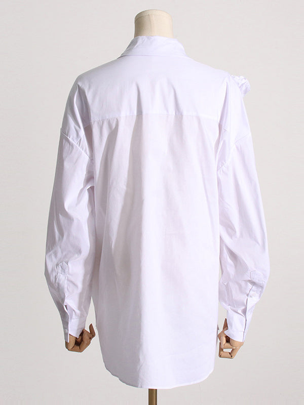 Asymmetric Buttoned Pleated Solid Color Split-Joint Three-Dimensional Flower Long Sleeves Loose Lapel Blouses&Shirts Tops