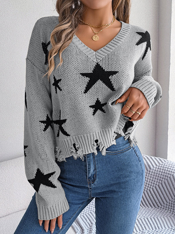 Contrast Color Fringed Split-Joint Long Sleeves Loose V-Neck Sweater Tops