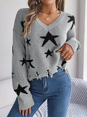 Contrast Color Fringed Split-Joint Long Sleeves Loose V-Neck Sweater Tops