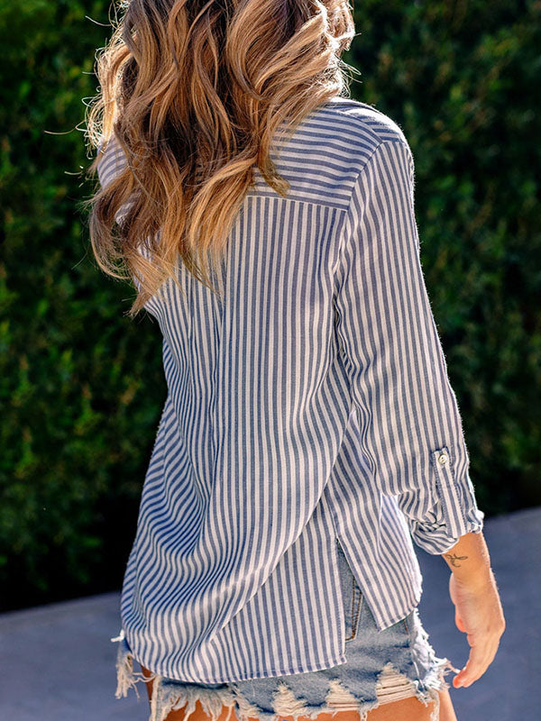 Buttoned Pockets Split-Joint Split-Side Striped High-Low Long Sleeves Lapel Blouses&Shirts Tops