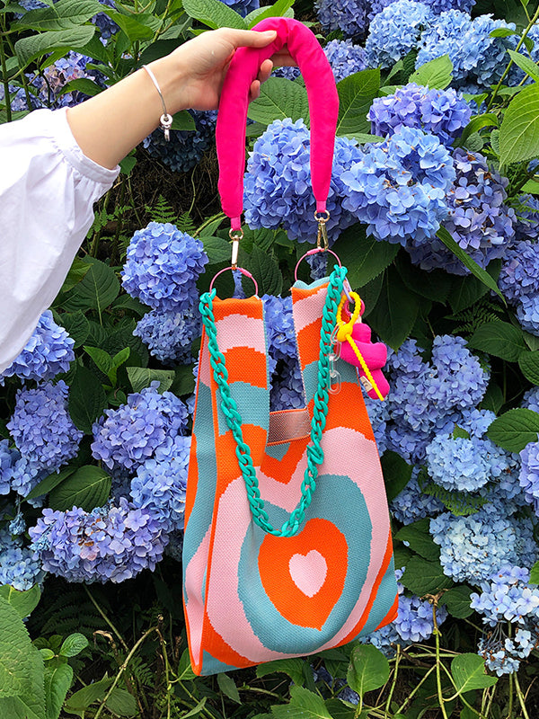 Chains Contrast Color Heart Print Woven Handbags Bags