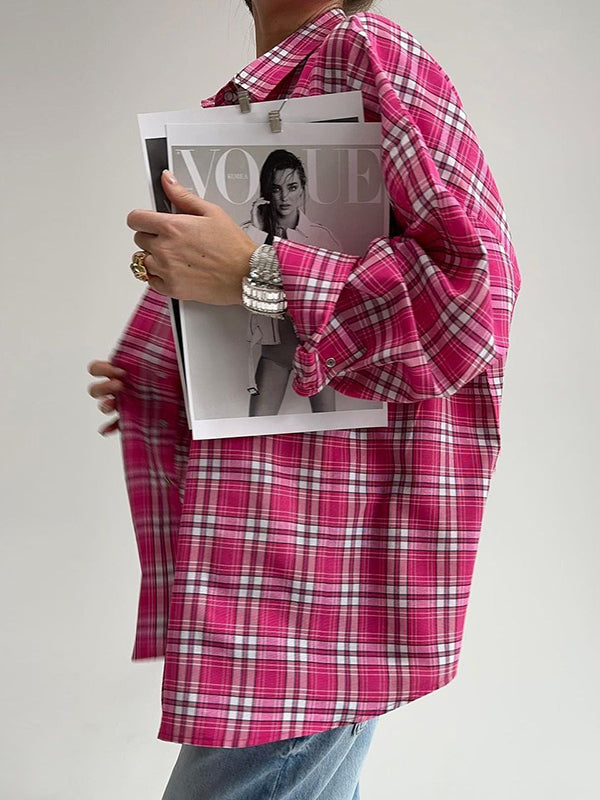 Buttoned Plaid Pockets Long Sleeves Loose Lapel Blouses&Shirts Tops