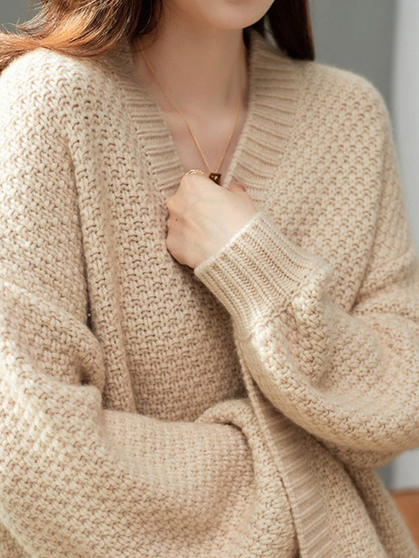 Solid Color Long Sleeves Loose Collarless Cardigan Tops