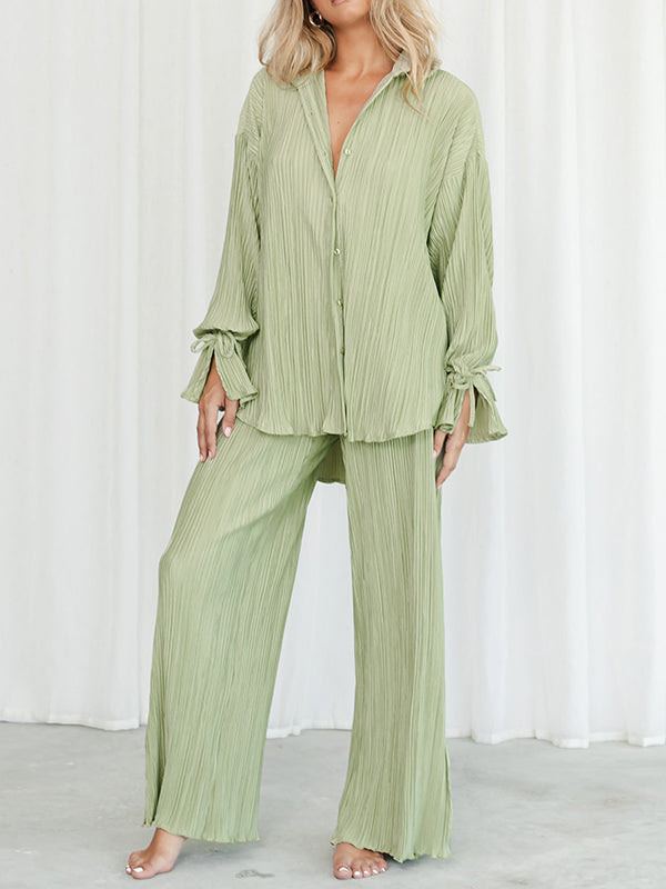Solid Color Flared Sleeves Long Sleeves Buttoned Drawstring Pleated Split-Side Lapel Shirts Top + Pants Bottom Pajama Sets
