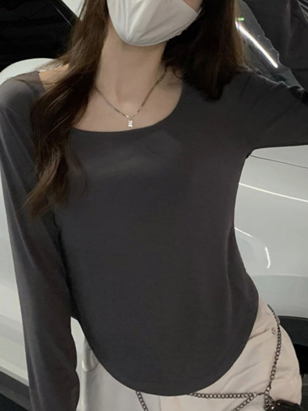 Solid Color Long Sleeves Skinny Square-Neck T-Shirts Tops