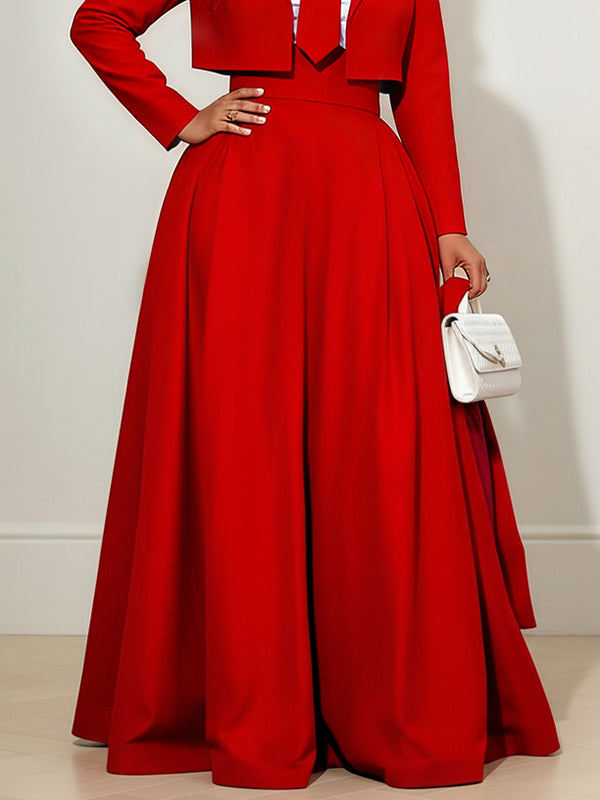 Elasticated Waist High Waisted Big Hemline Pleated Pockets Solid Color Zipper Wide Leg Pants