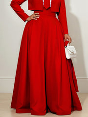 Elasticated Waist High Waisted Big Hemline Pleated Pockets Solid Color Zipper Wide Leg Pants