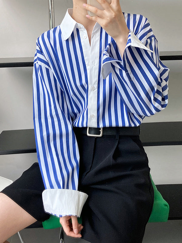 Simple Long Sleeves Contrast Color Striped Lapel Blouse Top