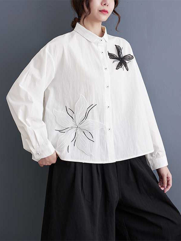 Applique Buttoned Embroidered Long Sleeves Loose Lapel Blouses&Shirts Tops