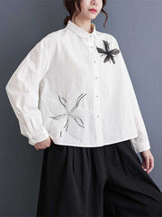 Applique Buttoned Embroidered Long Sleeves Loose Lapel Blouses&Shirts Tops
