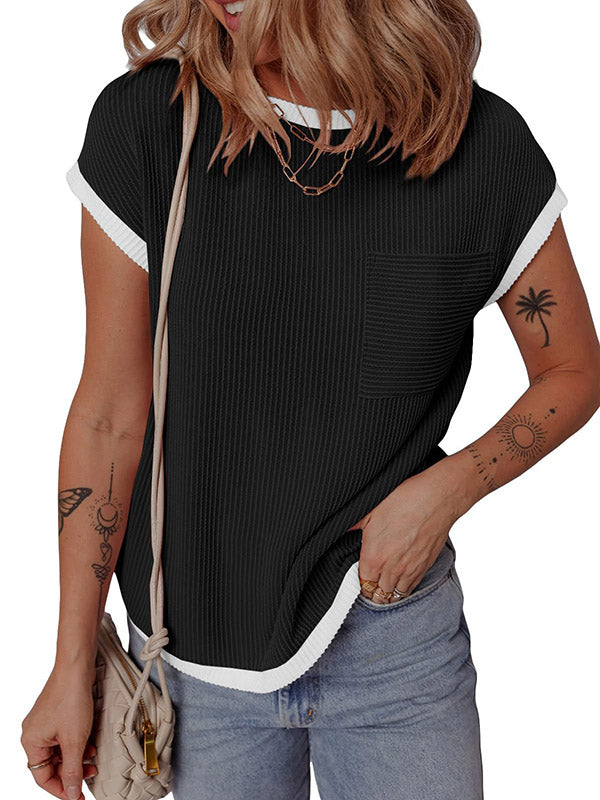 Colorful Contrast Color Pockets Loose Short Sleeves Round-neck T-Shirts Tops