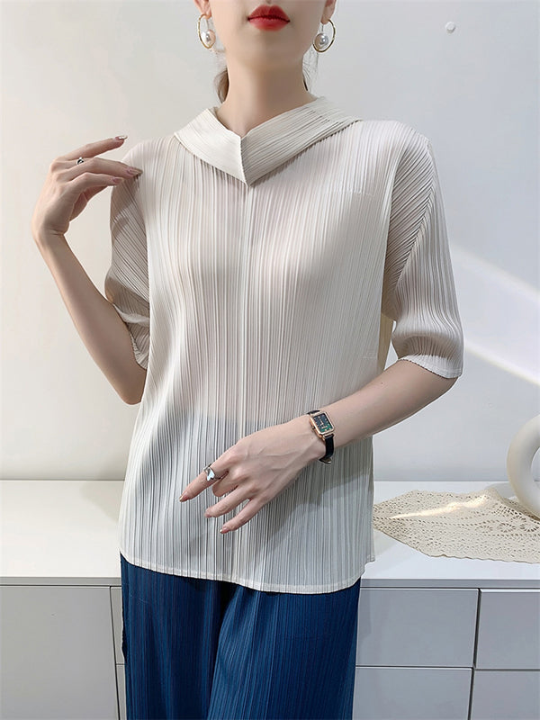 Pleated Solid Color Half Sleeves Hooded Mock Neck T-Shirts Tops