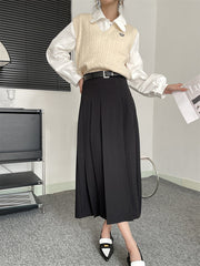 Pleated Solid Color Split-Joint A-Line High Waisted Skirts