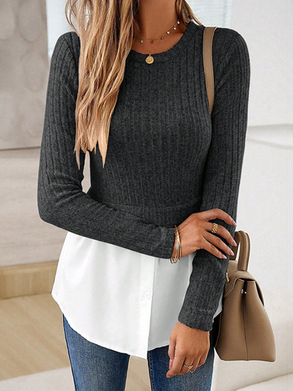 Buttoned Split-Joint Long Sleeves Loose Round-neck Knit Top